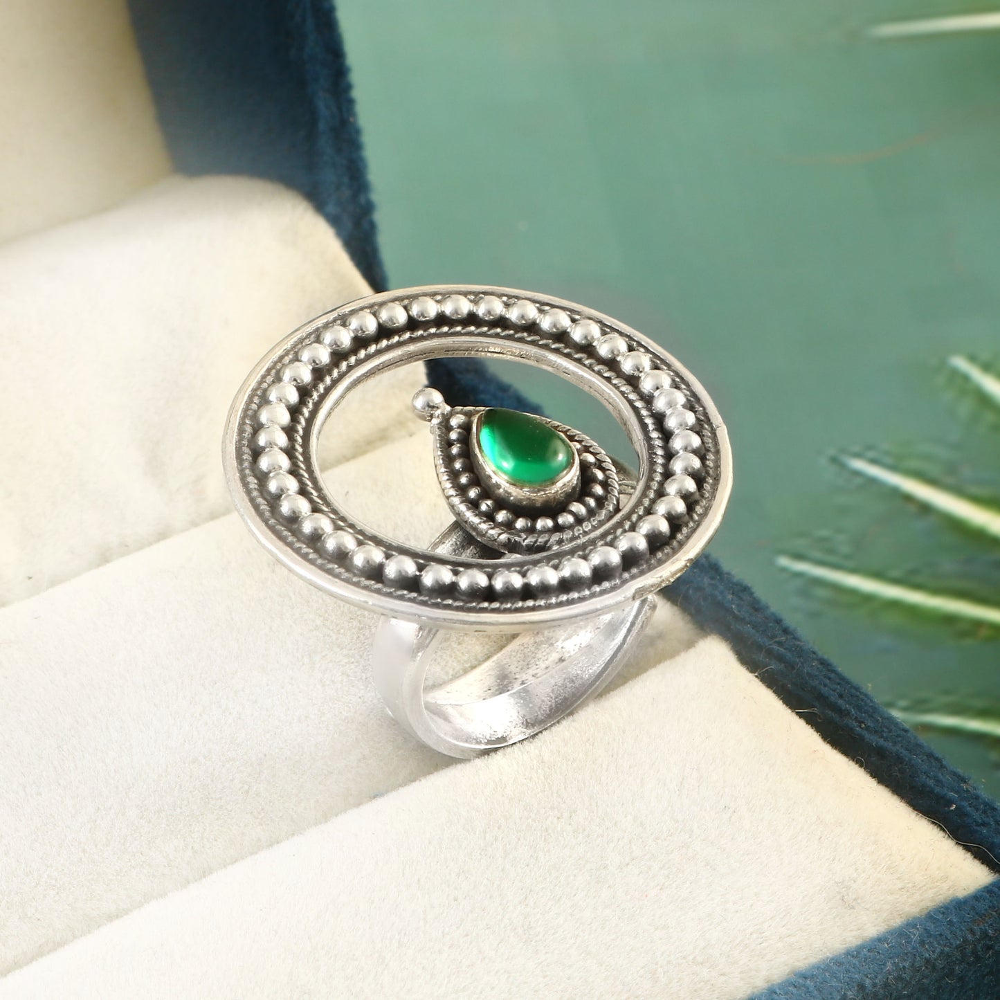 Granulated Green Stone Round Ring