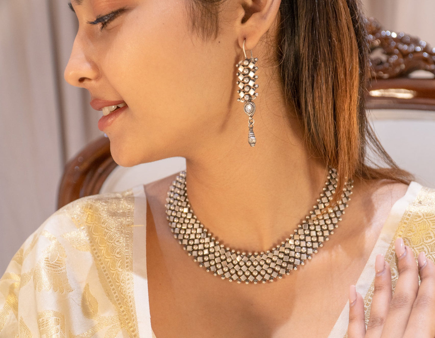 Diamond Ball Belted Necklace And Earrings
