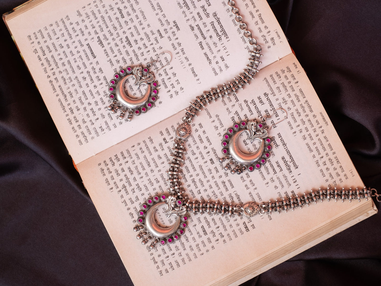 Peacock Moon Studded With Red Stone Earrings And Necklace