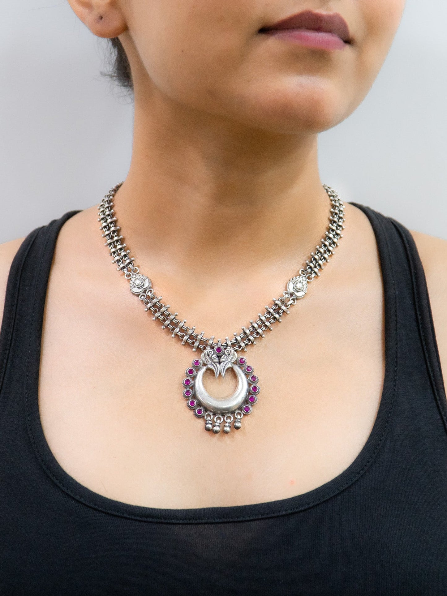 Peacock Moon Studded With Red Stone Earrings And Necklace