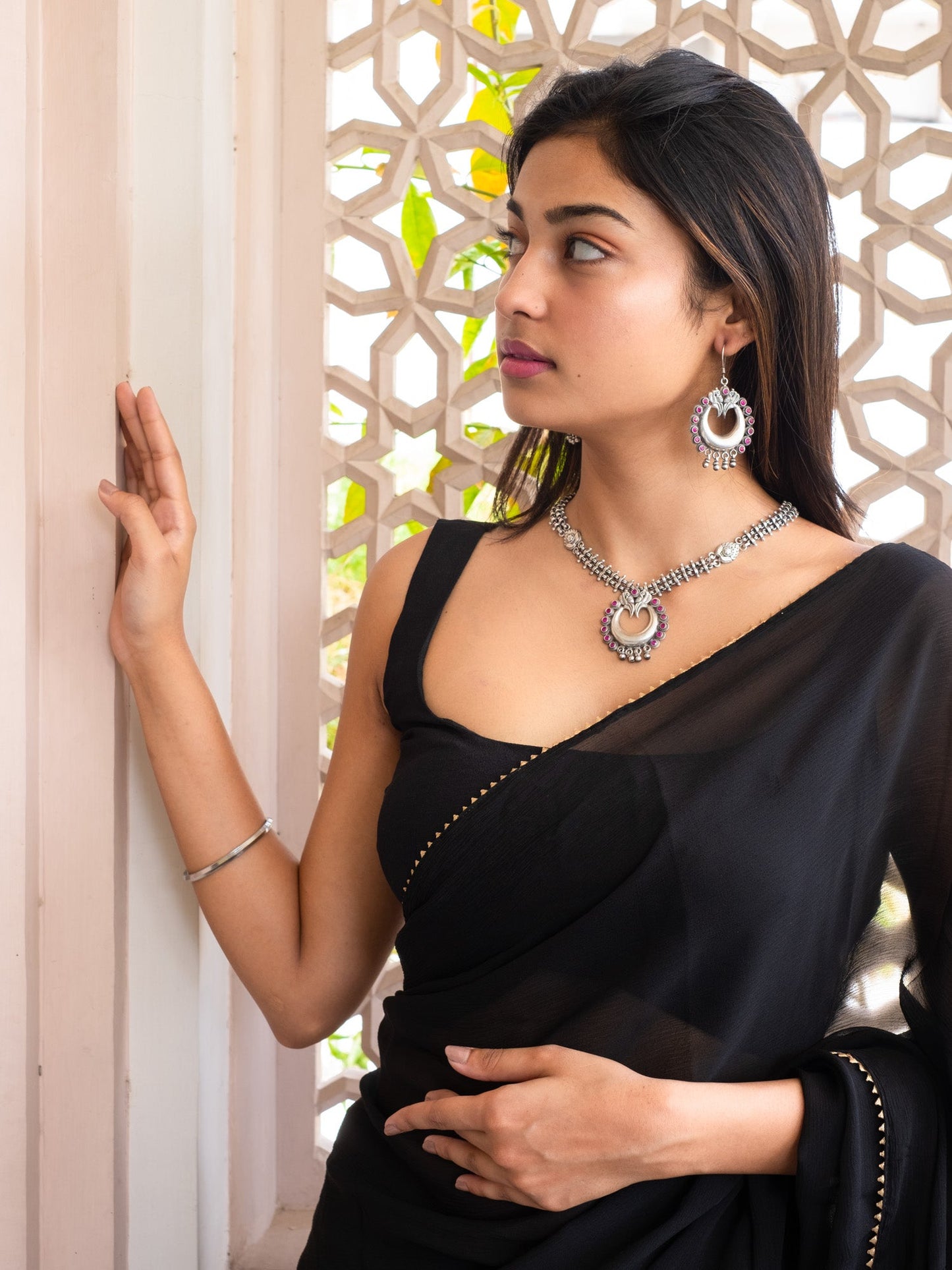 Peacock Moon Studded With Red Stone Earrings And Necklace