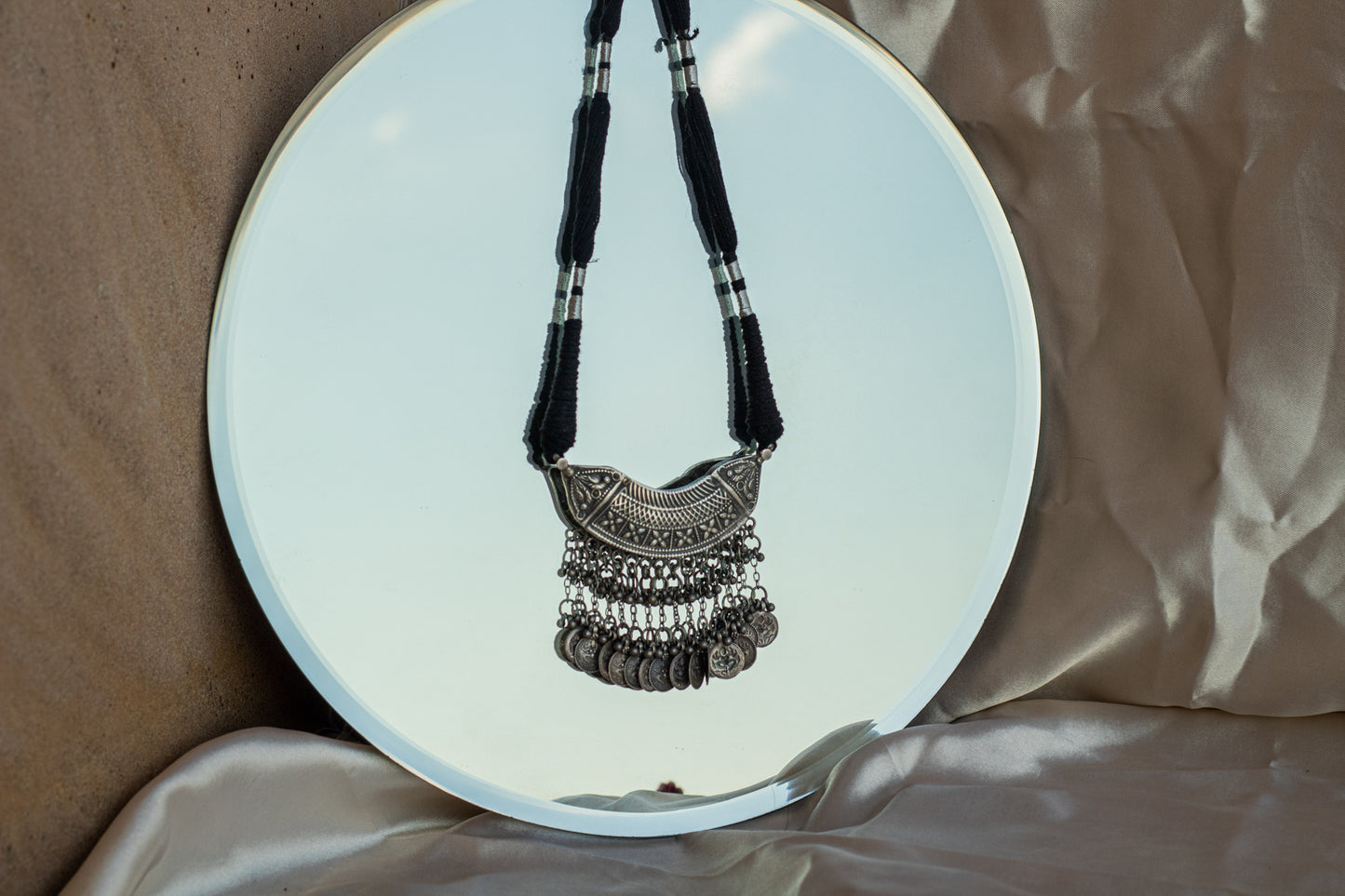 Flower Embossed Black Thread Necklace