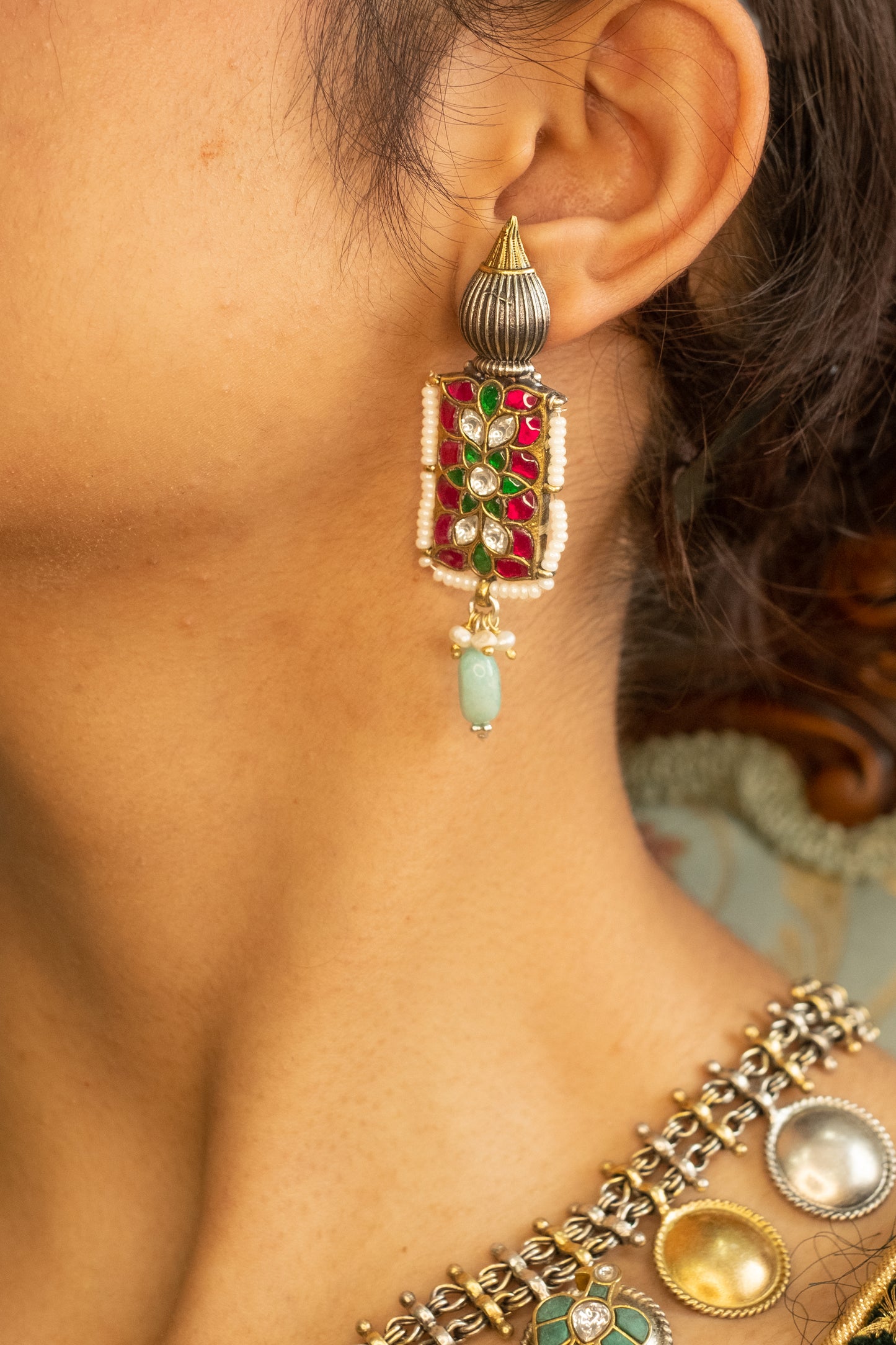 Kundan Green Drop Earrings