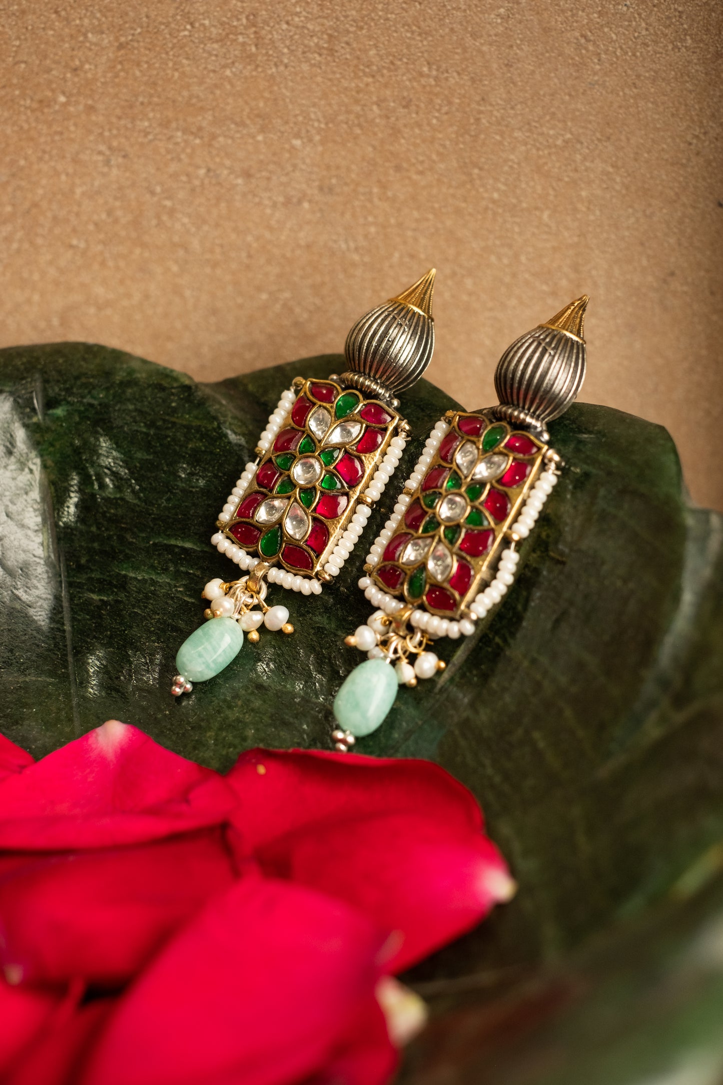 Kundan Green Drop Earrings