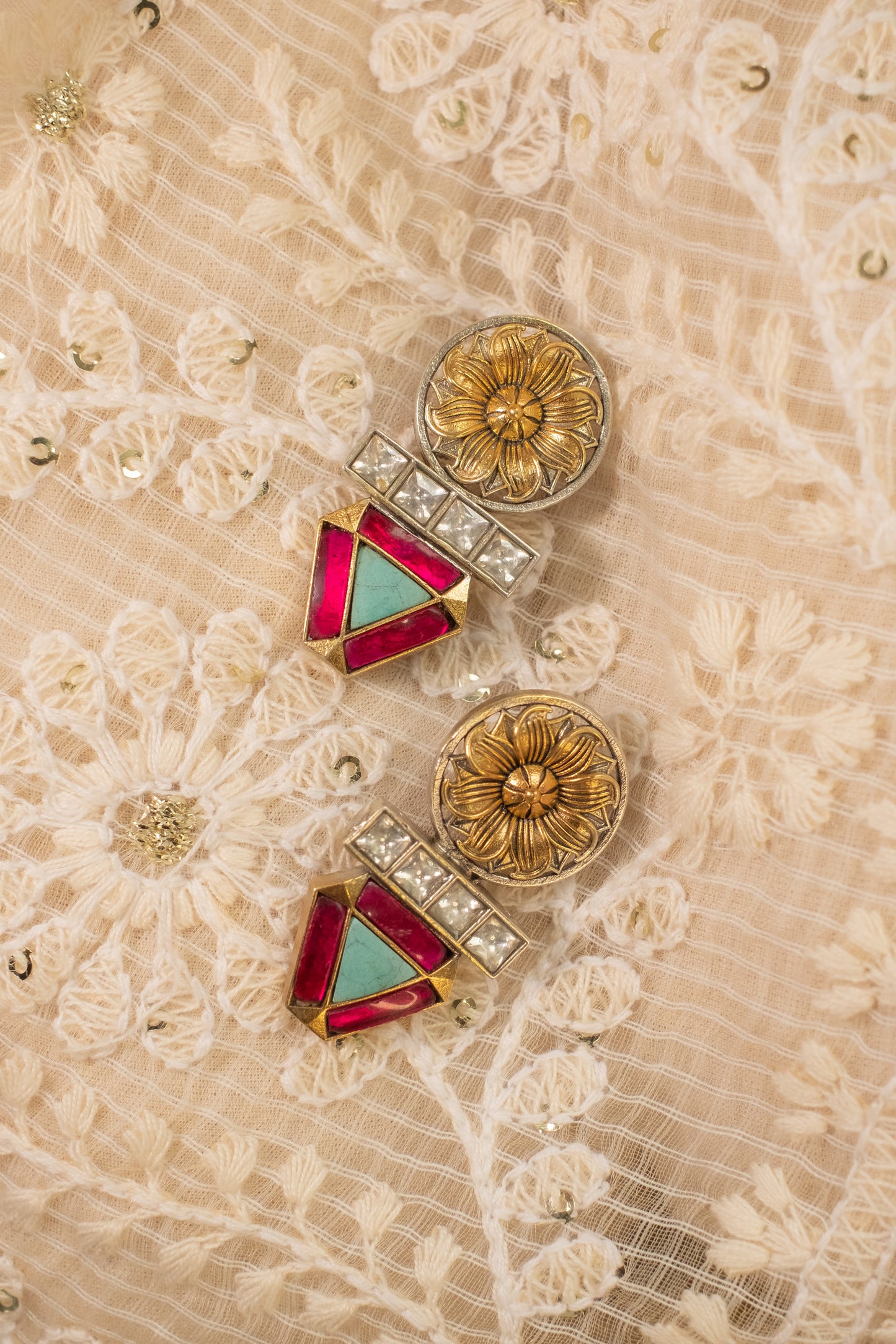 Kundan Green Triangular Earrings
