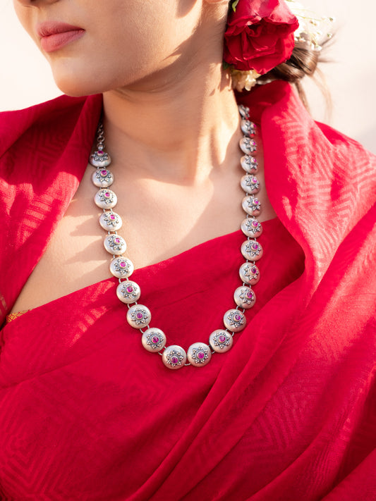 Granulated Red Stone Long Disk Necklace
