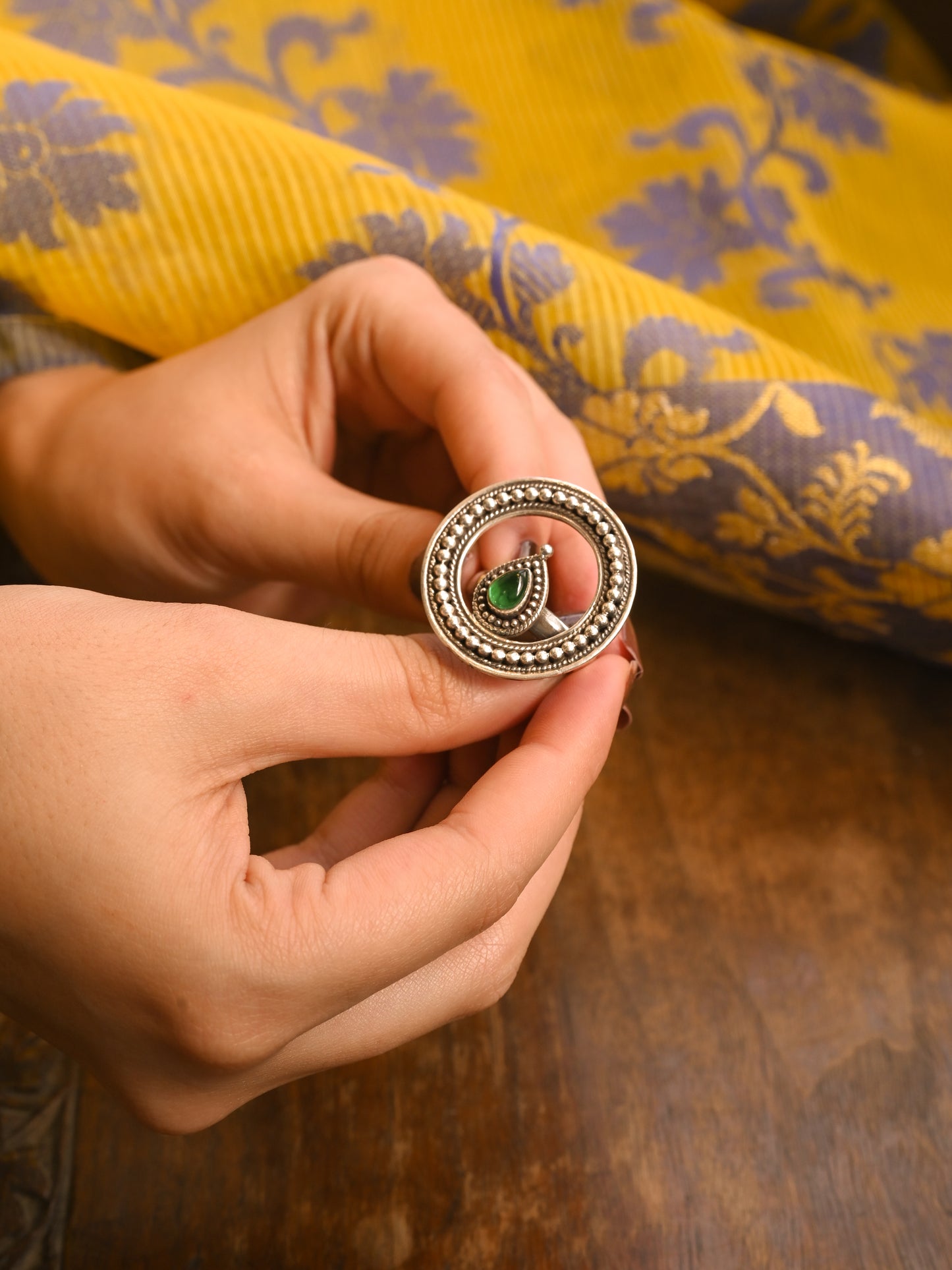 Granulated Green Stone Round Ring