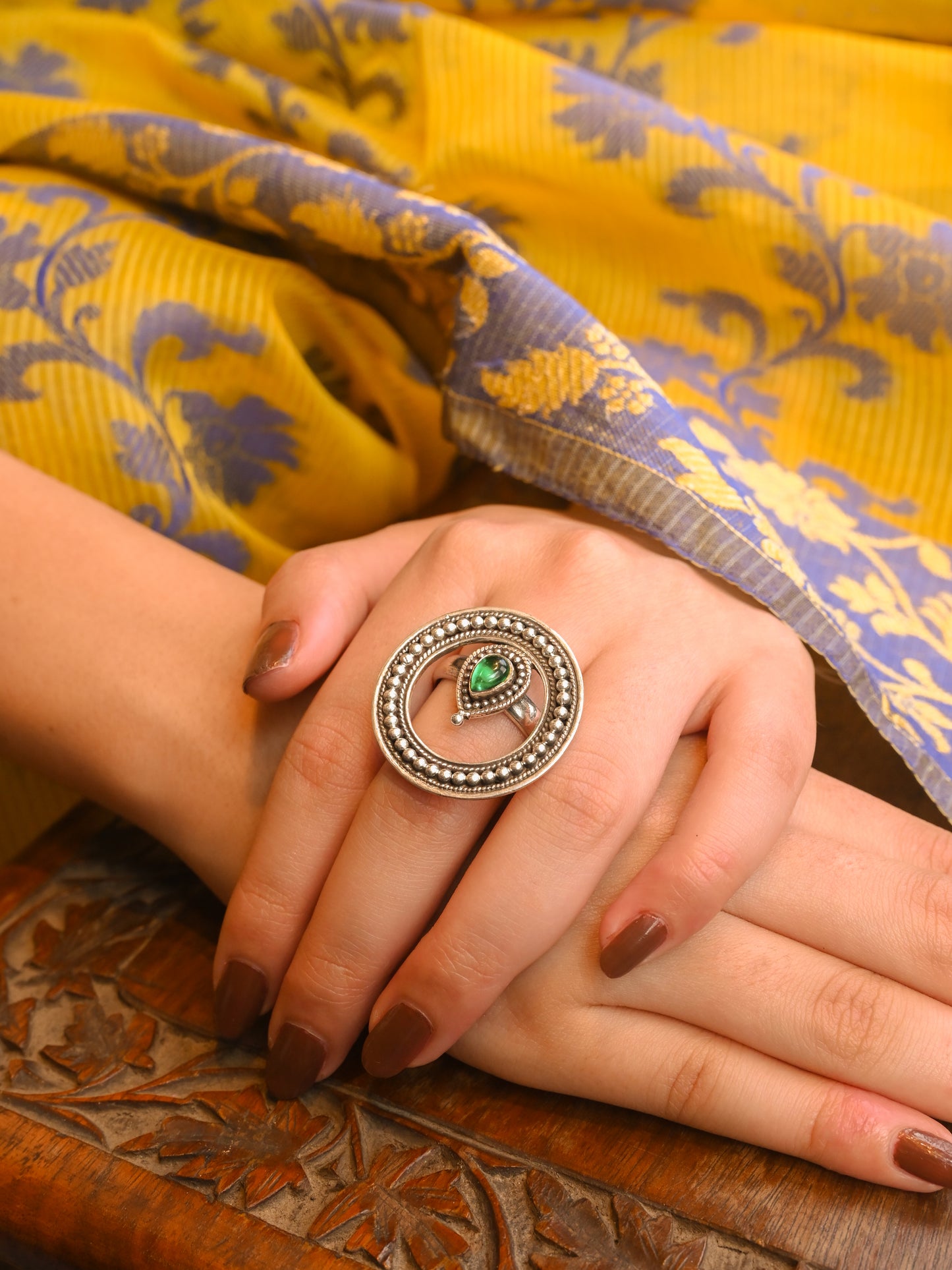 Granulated Green Stone Round Ring
