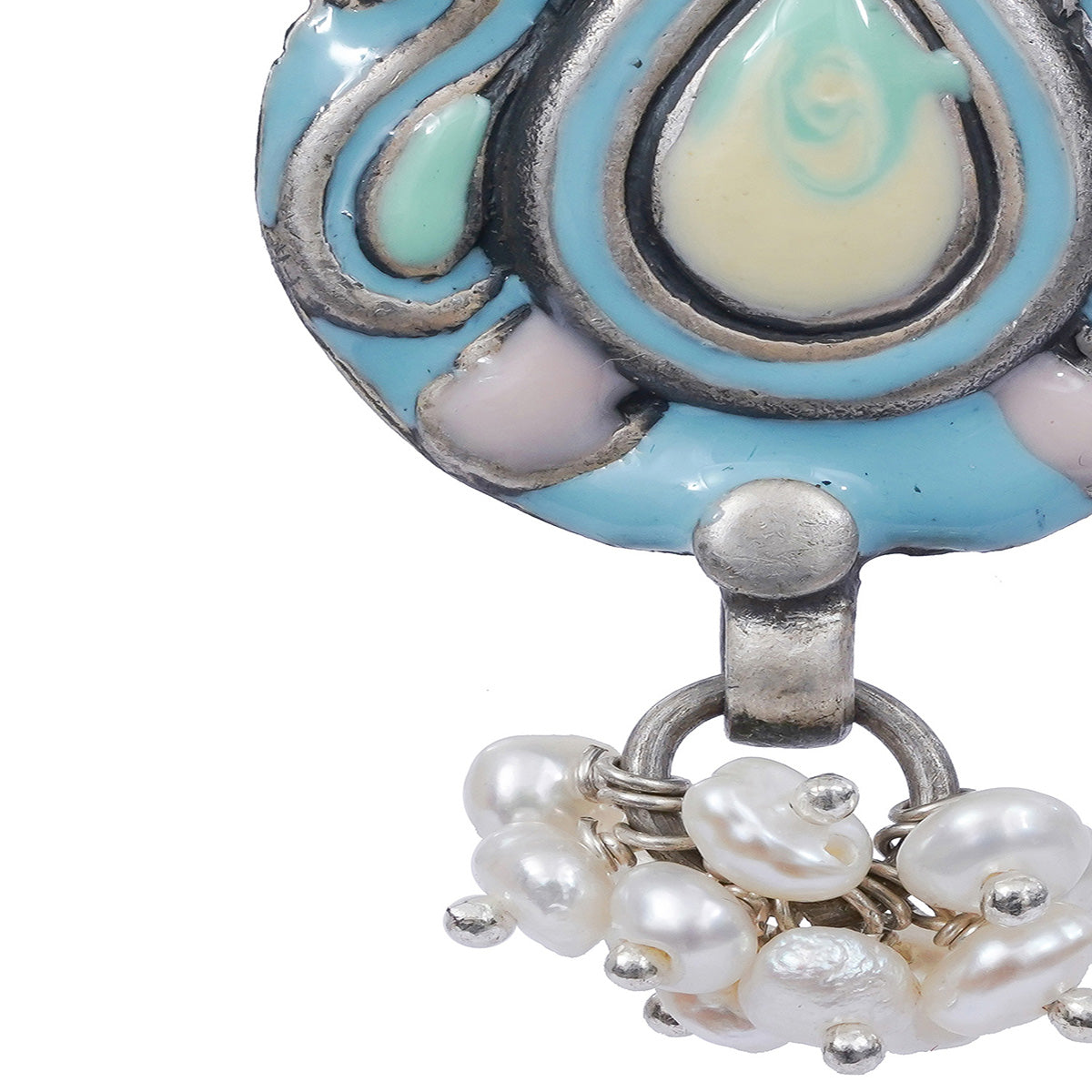 Pastel Blue Handcrafted Enamel Earrings With Pearl Hangings - UMANG