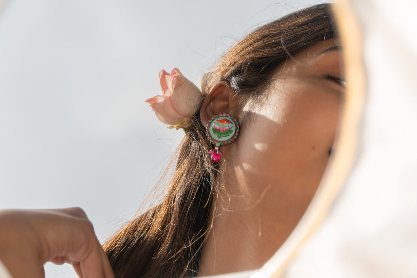 Lotus And Shell Handcrafted Enamel Earrings With Red Glass Hangings - UMANG