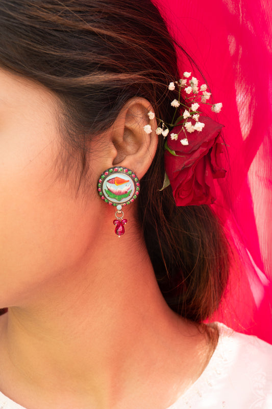Lotus And Shell Handcrafted Enamel Earrings With Red Glass Hangings - UMANG