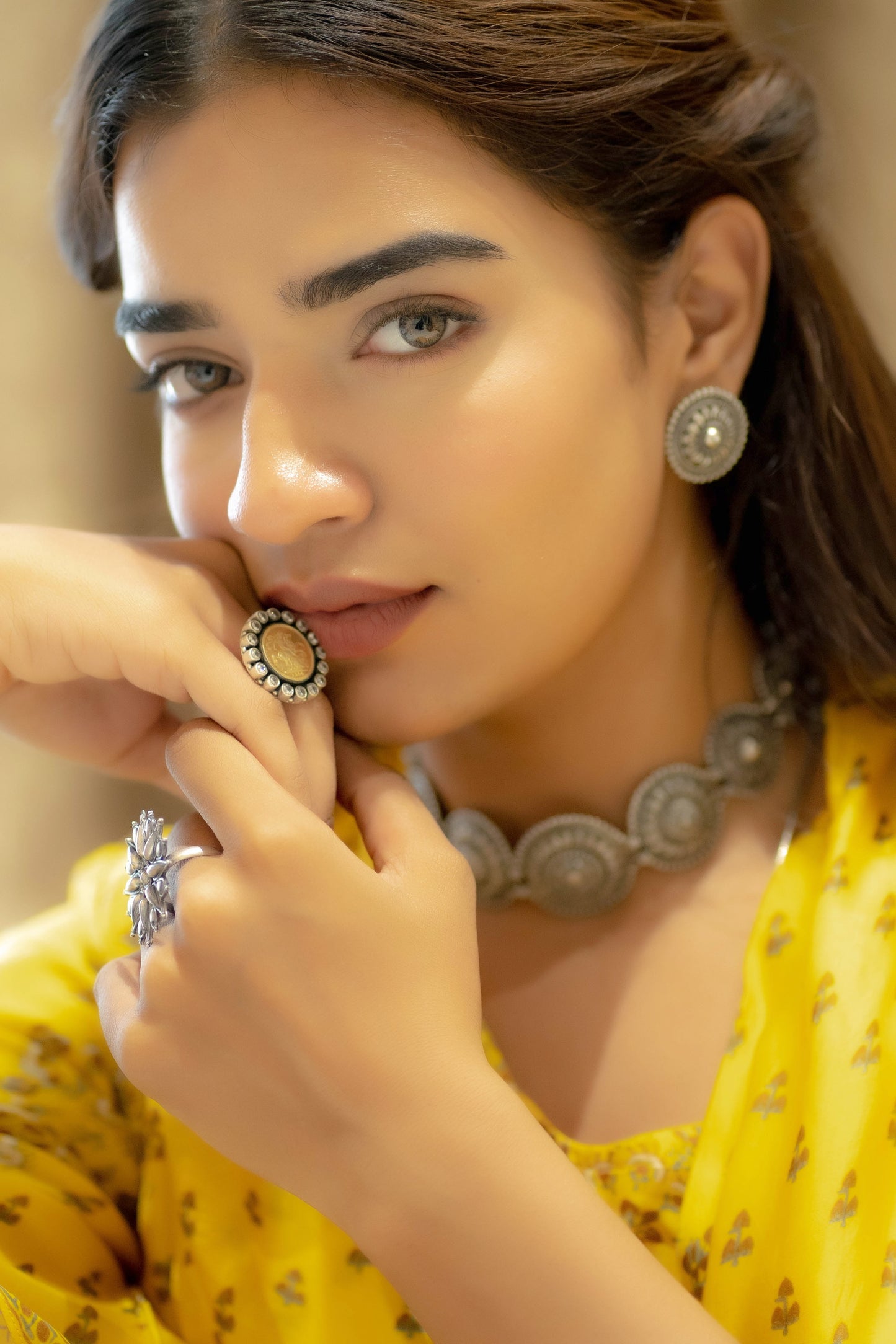 Dual Tone white Stone Coin Ring - ADA