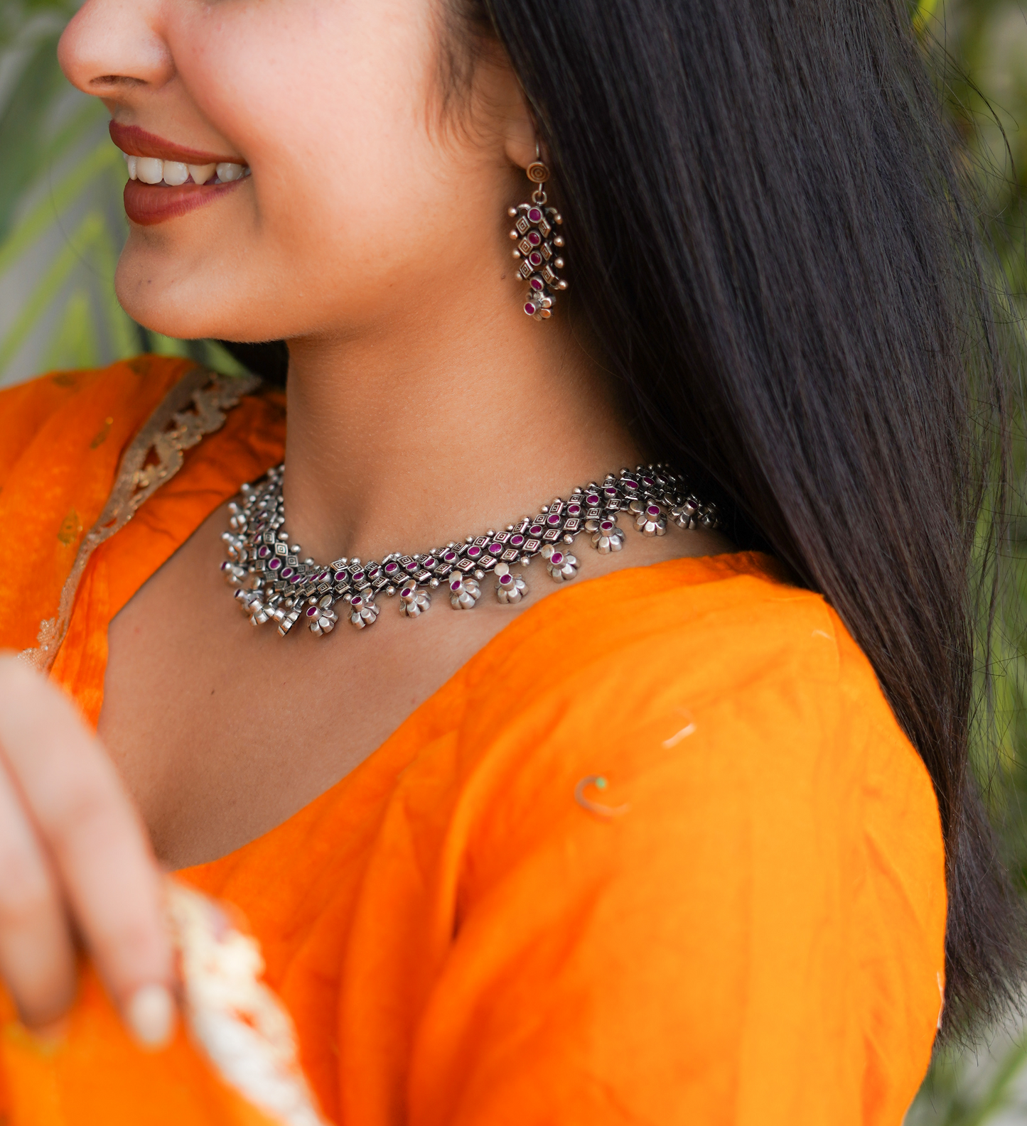 Red Stone and Flower Hangings Necklace - ADA
