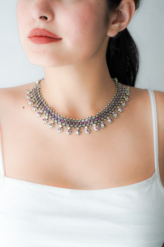 Red Stone and Flower Hangings Necklace - ADA