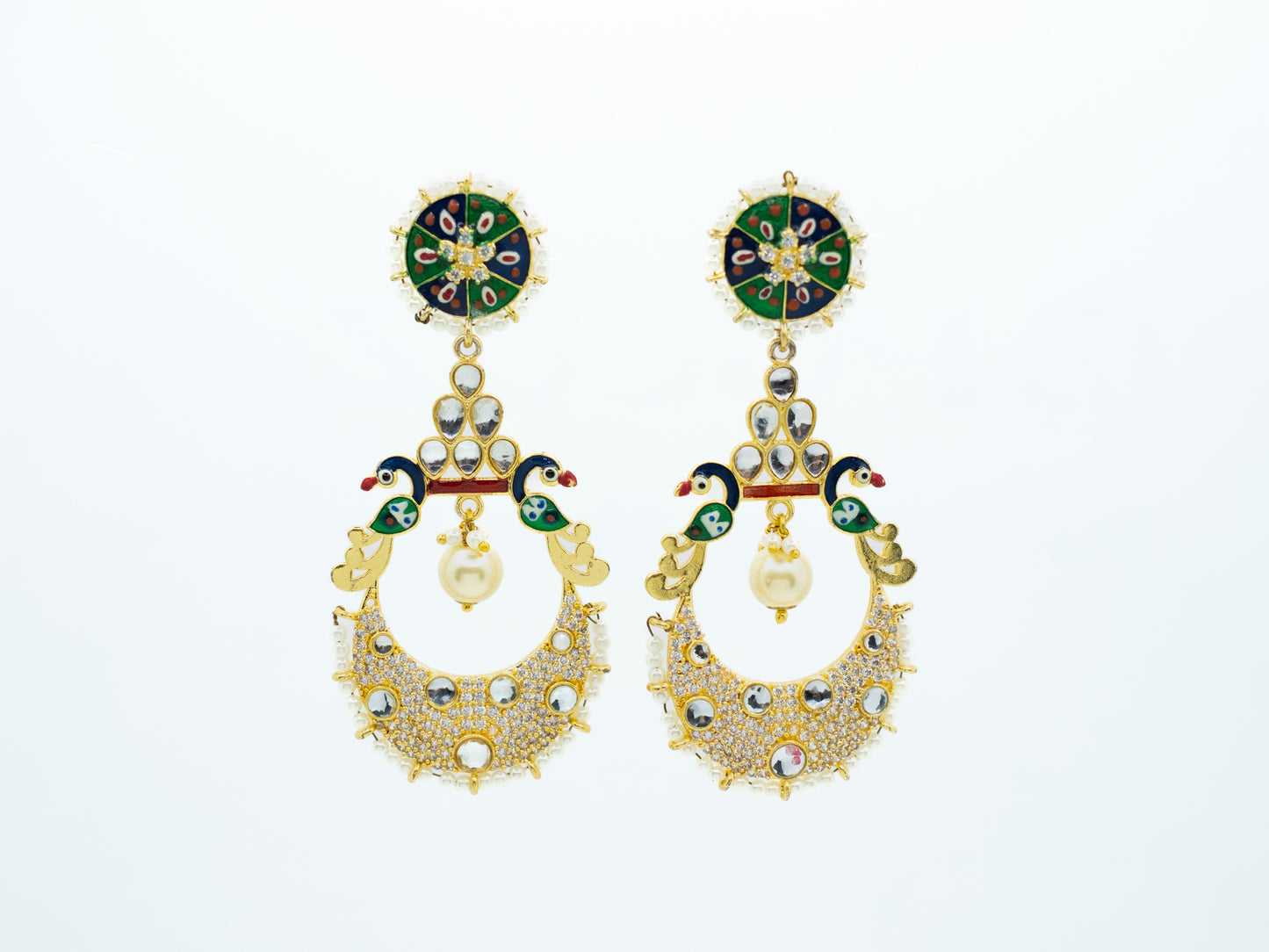 Zircon Studded Pearl Enamel Chandbali Earrings - NOOR