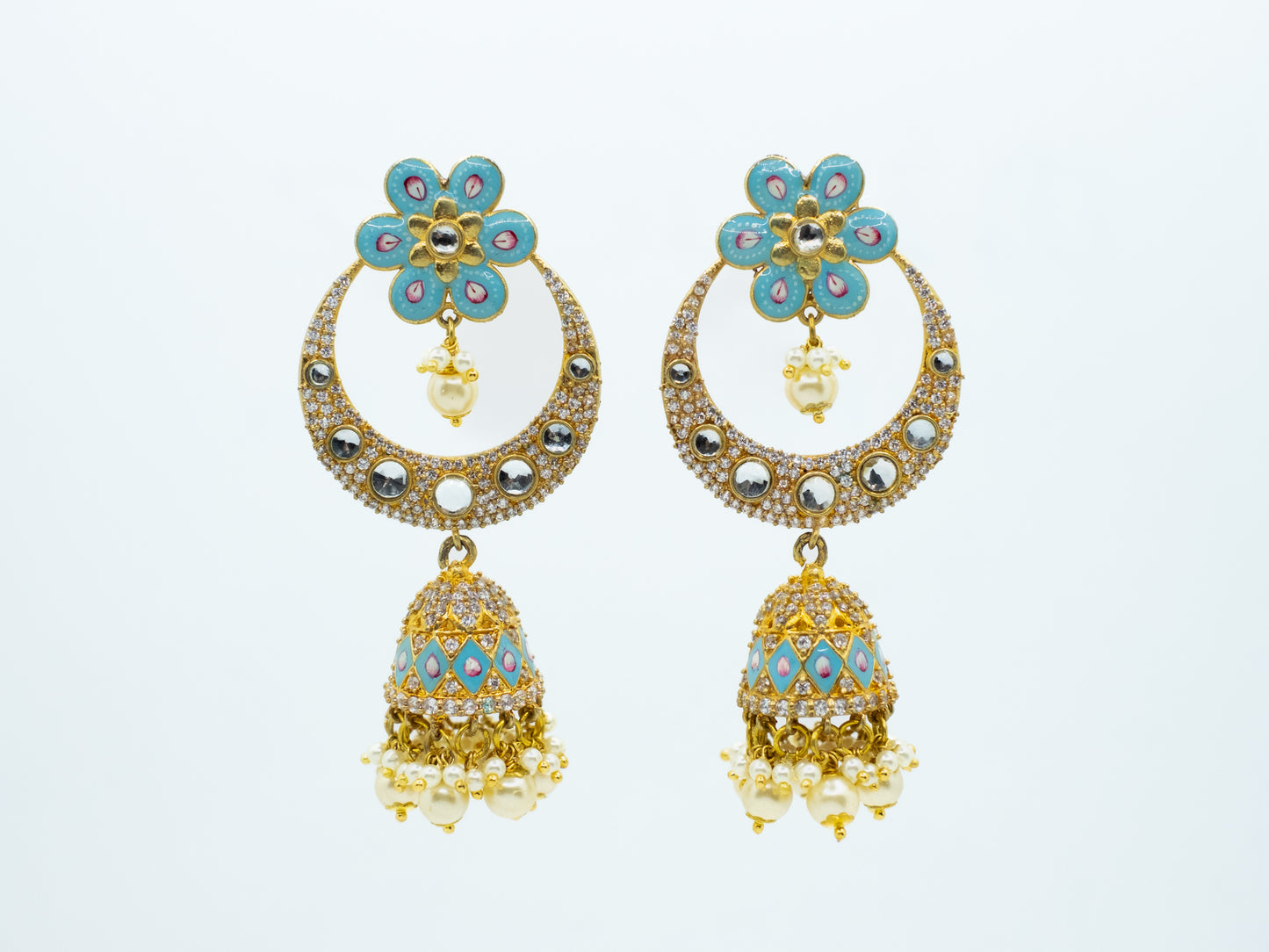 Zircon Studded Pearl Turquise Enamel Chandbali Jhumki Earrings - NOOR