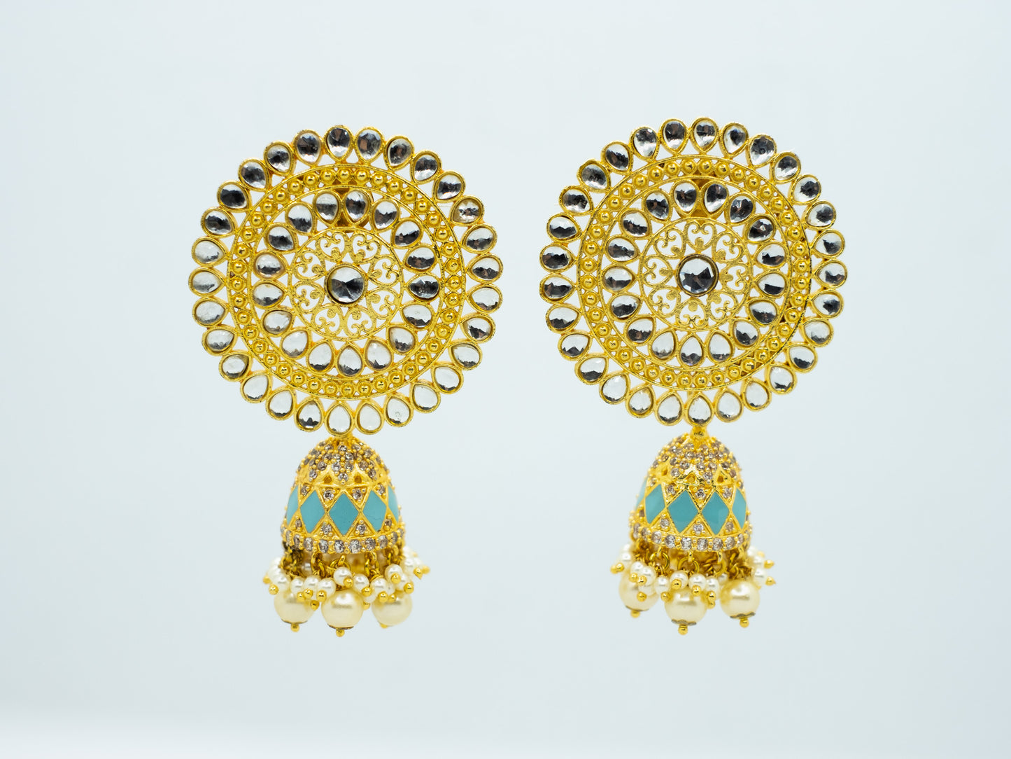 Zircon Studded Pearl Blue Enamel Jhumki - NOOR