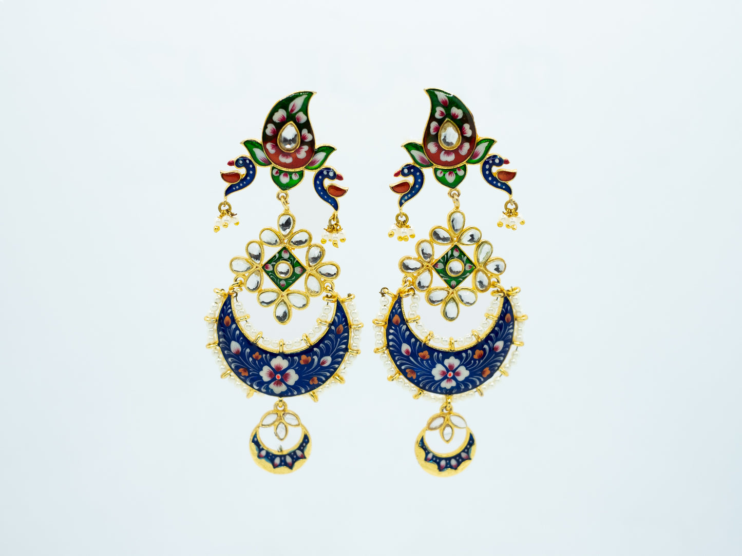 Zircon Studded Pasley Top Pearl Enamel Chandbali Earrings p- NOOR