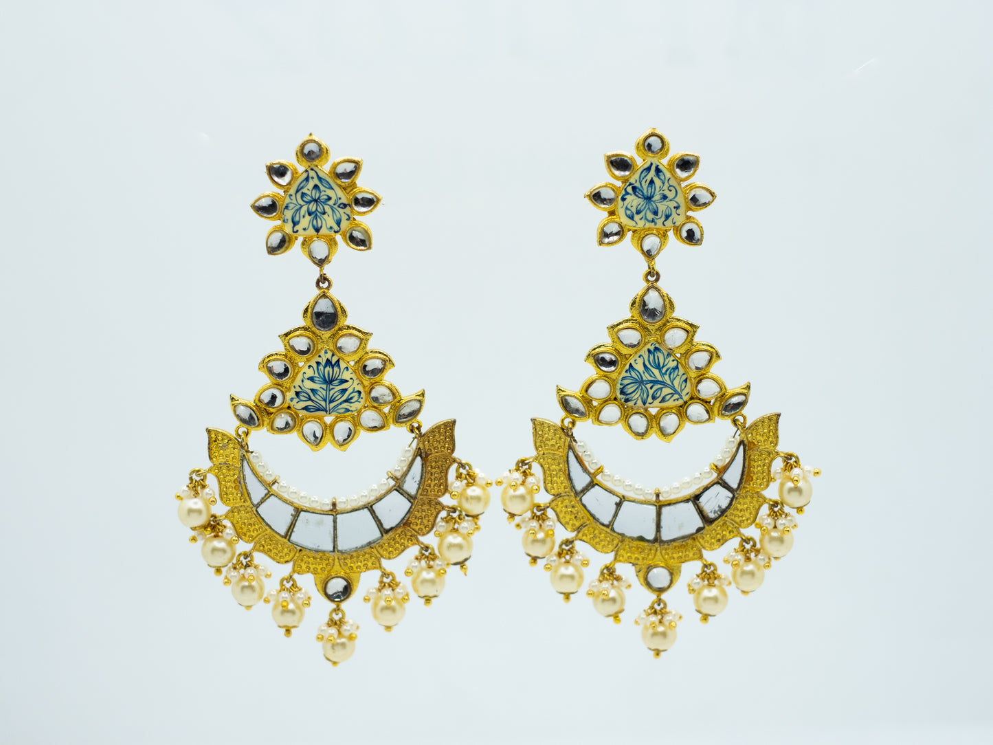 Zircon Studded Pearl Enamel Chandbali Earrings - NOOR