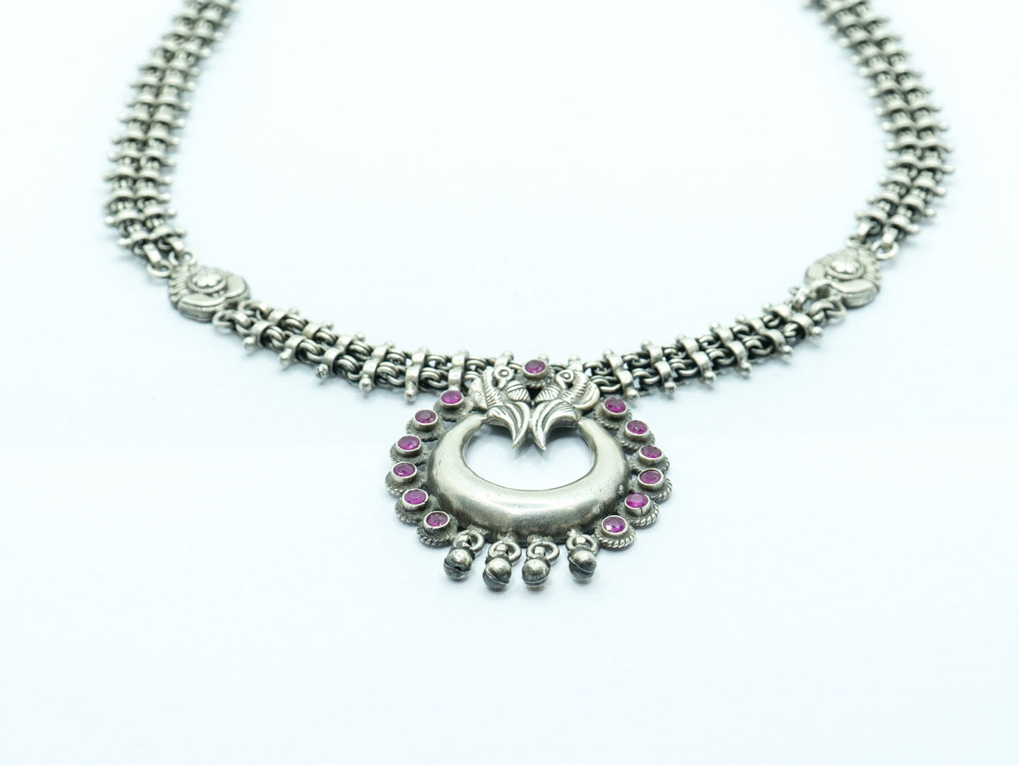 Peacock Moon Studded With Red Stone Earrings And Necklace