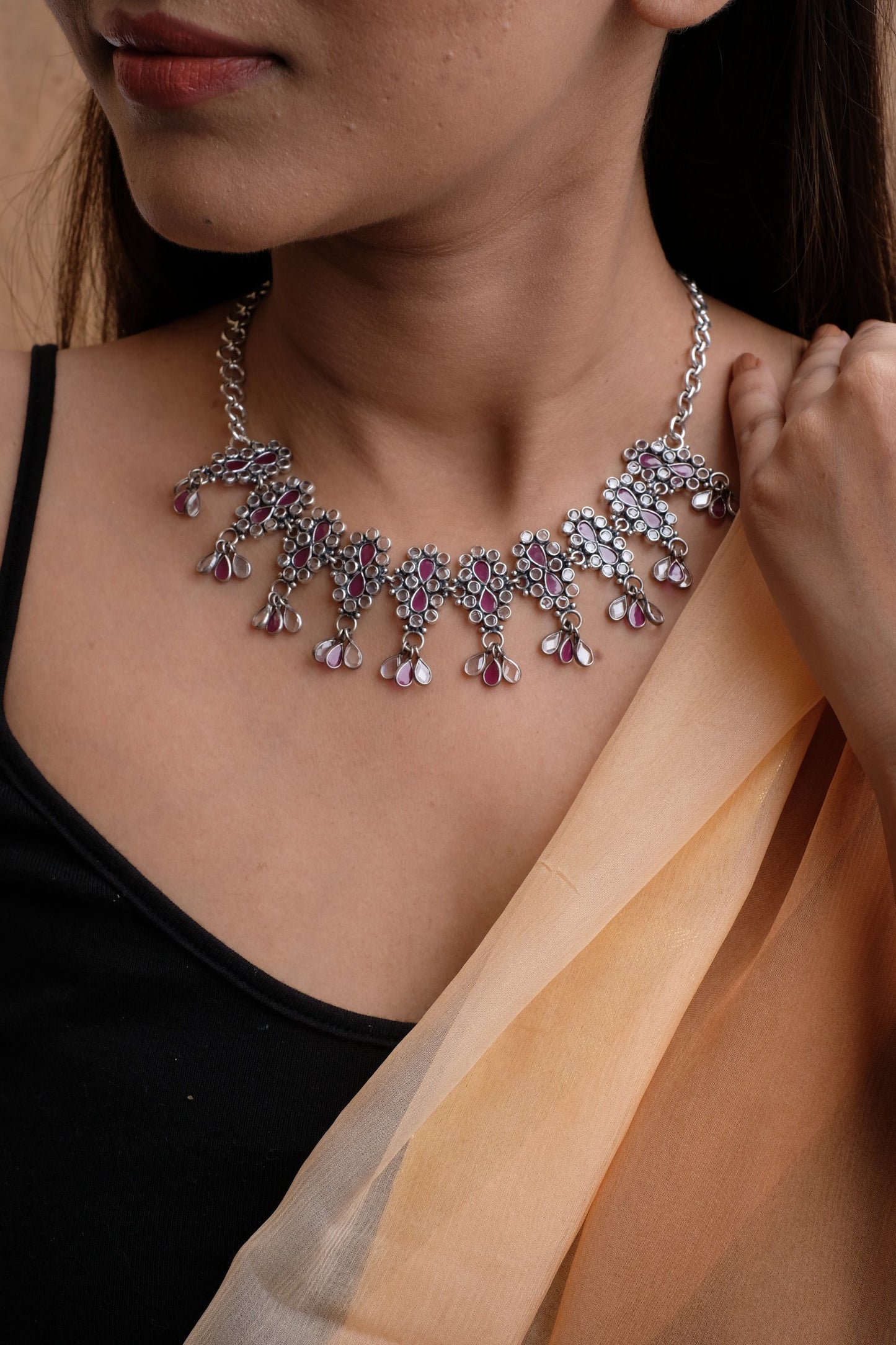 Crystal Ruby Floral Necklace With Thread And Earrings