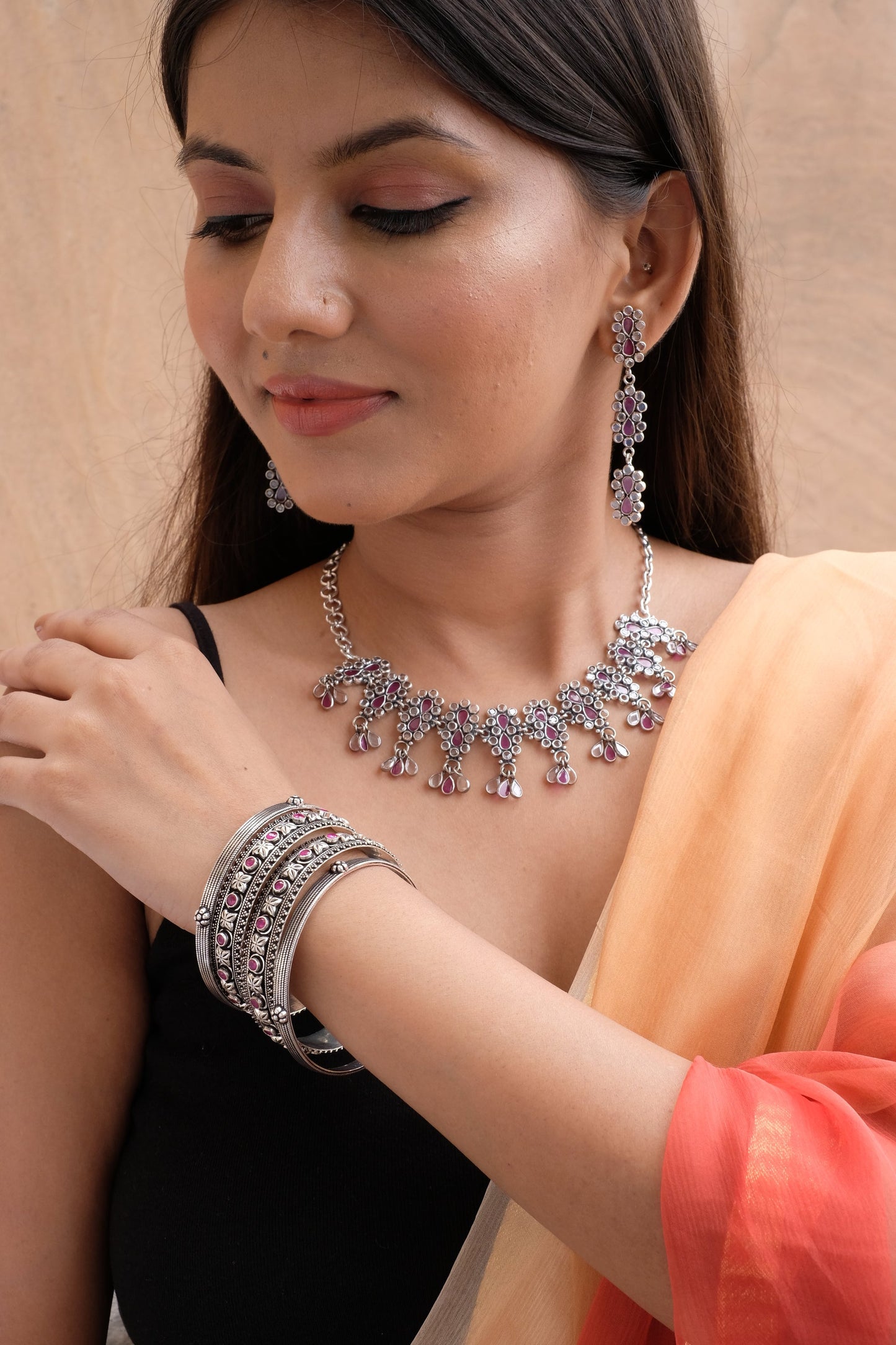Crystal Ruby Floral Necklace With Thread And Earrings