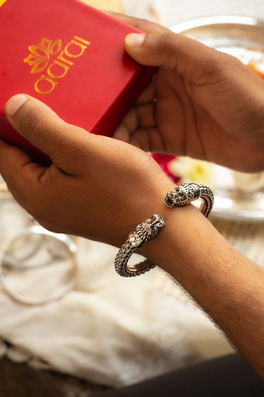 Intricate Lion Head Silver Bracelet