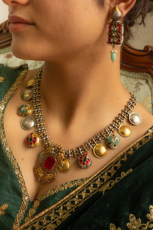 Dual Tone Floral Kundan Necklace