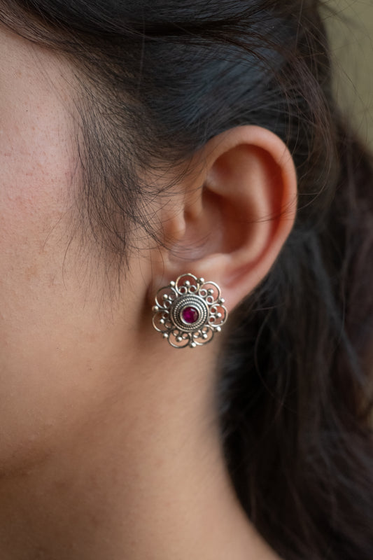 Floral Red Stone Jali Earrings