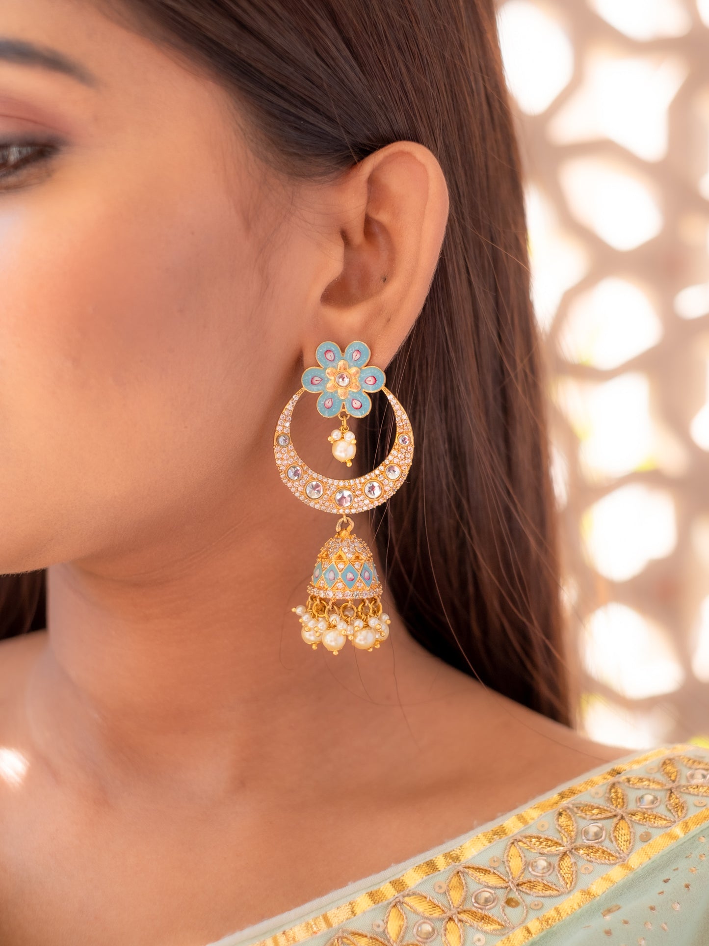Zircon Studded Pearl Turquise Enamel Chandbali Jhumki Earrings - NOOR