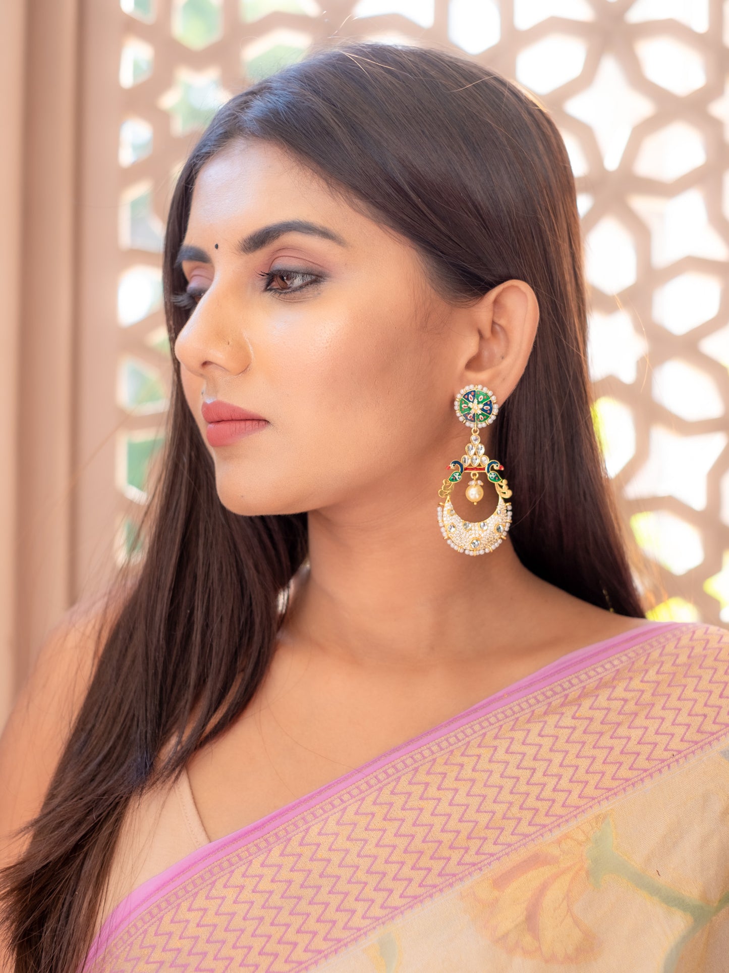 Zircon Studded Pearl Enamel Chandbali Earrings - NOOR