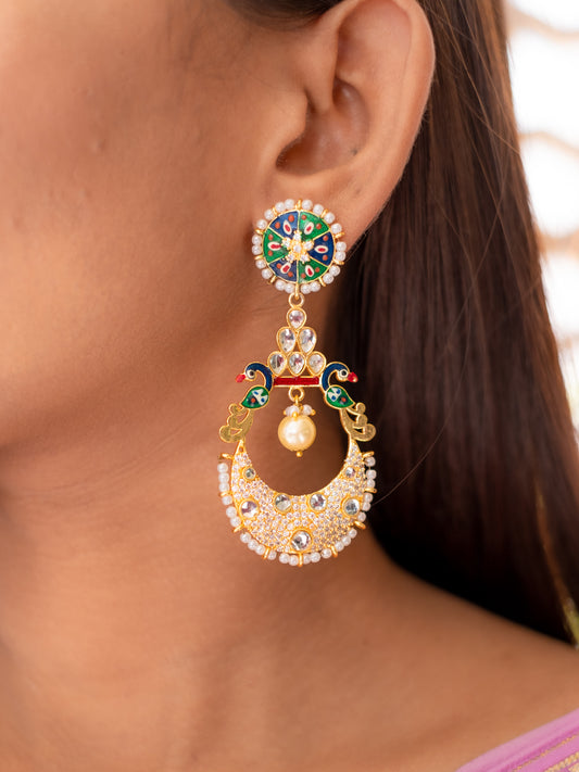 Zircon Studded Pearl Enamel Chandbali Earrings - NOOR