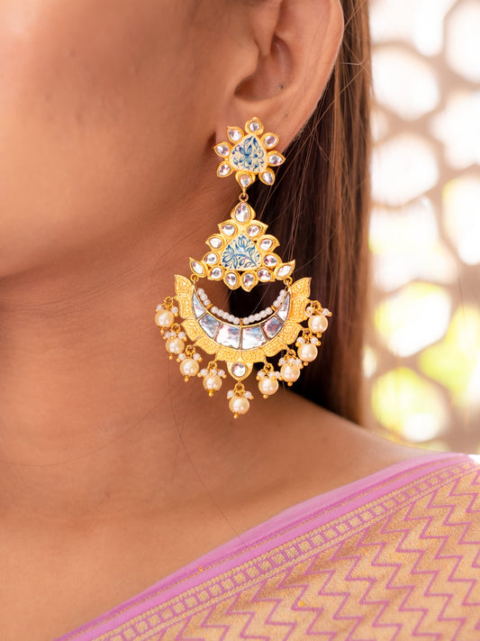 Zircon Studded Pearl Enamel Chandbali  Earrings - NOOR