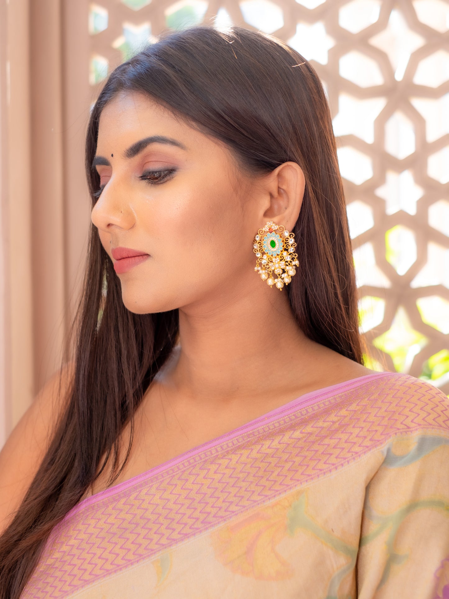Zircon Studded Enamel and Pearl Earrings -NOOR