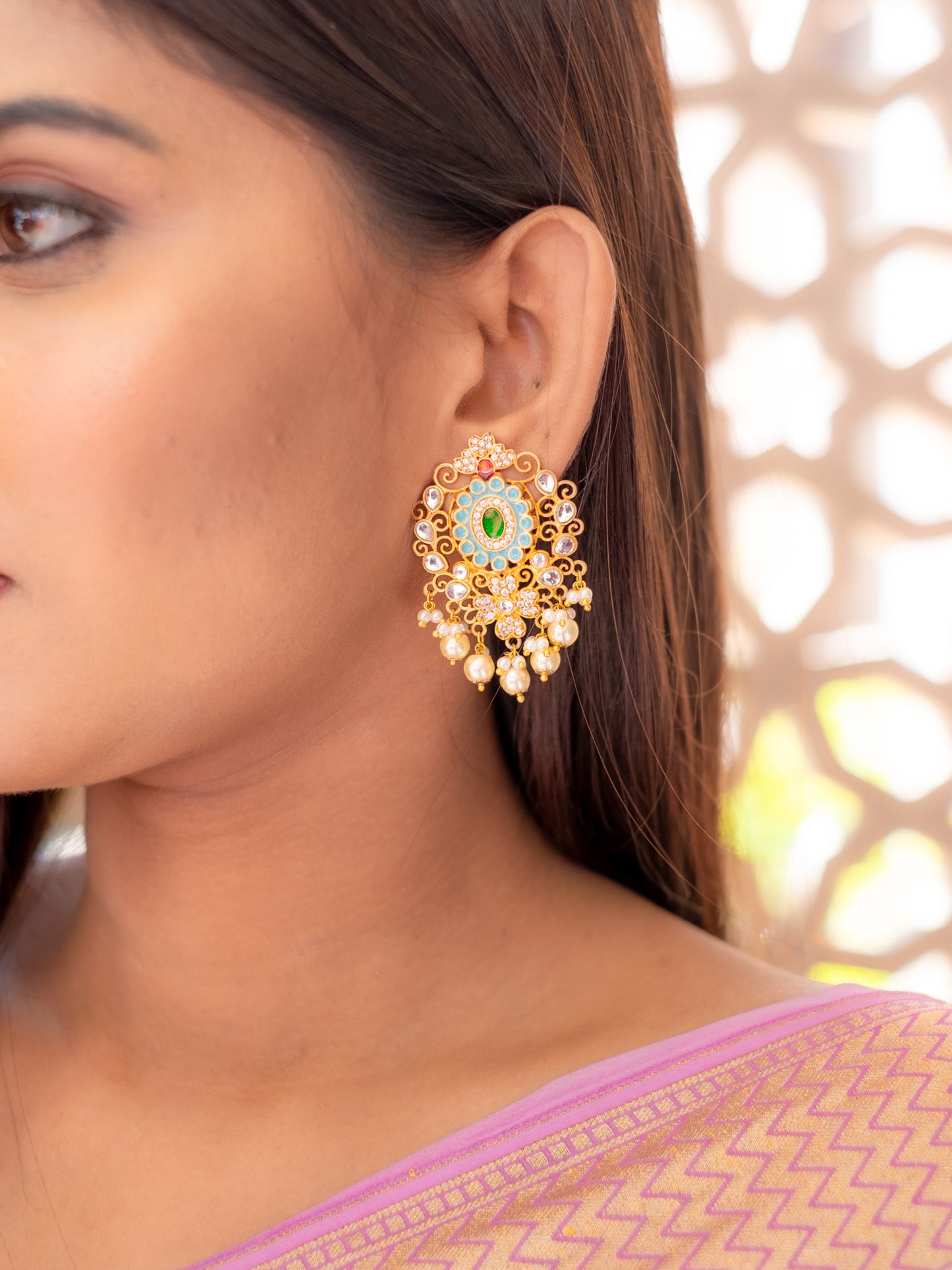 Zircon Studded Enamel and Pearl Earrings -NOOR