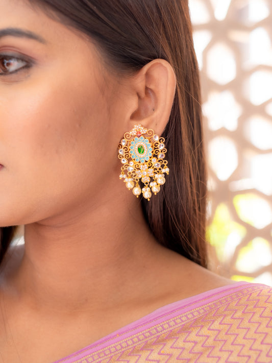 Zircon Studded Enamel and Pearl Earrings -NOOR