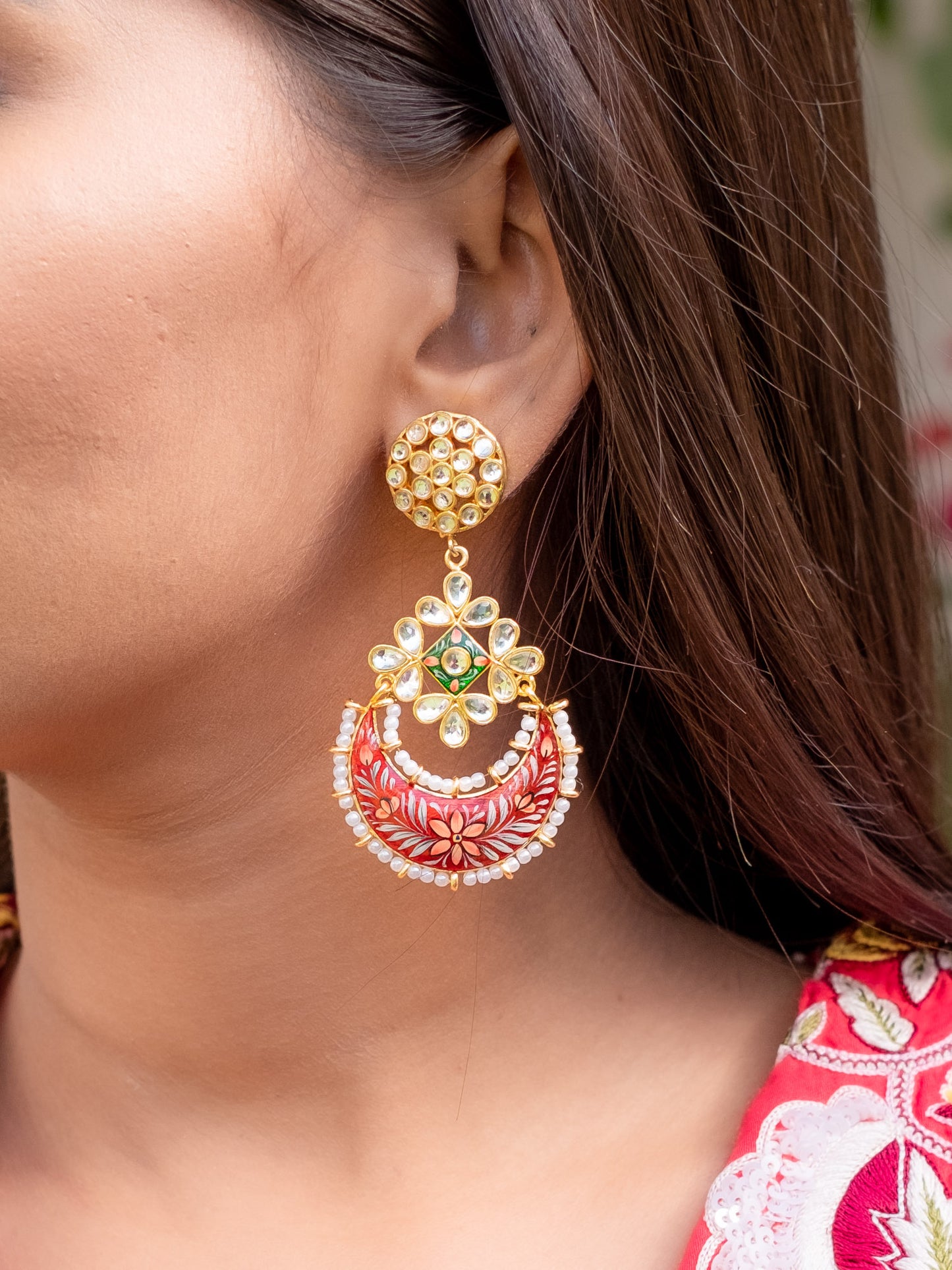 Zircon Studded Pearl Enamel Chandbali Earrings -NOOR