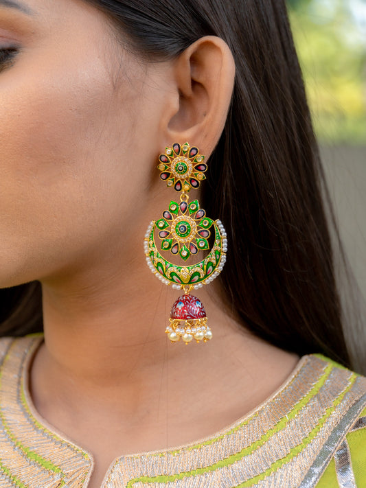 Zircon Studded Pearl Enamel Chandbali Jhumki Earrings -NOOR
