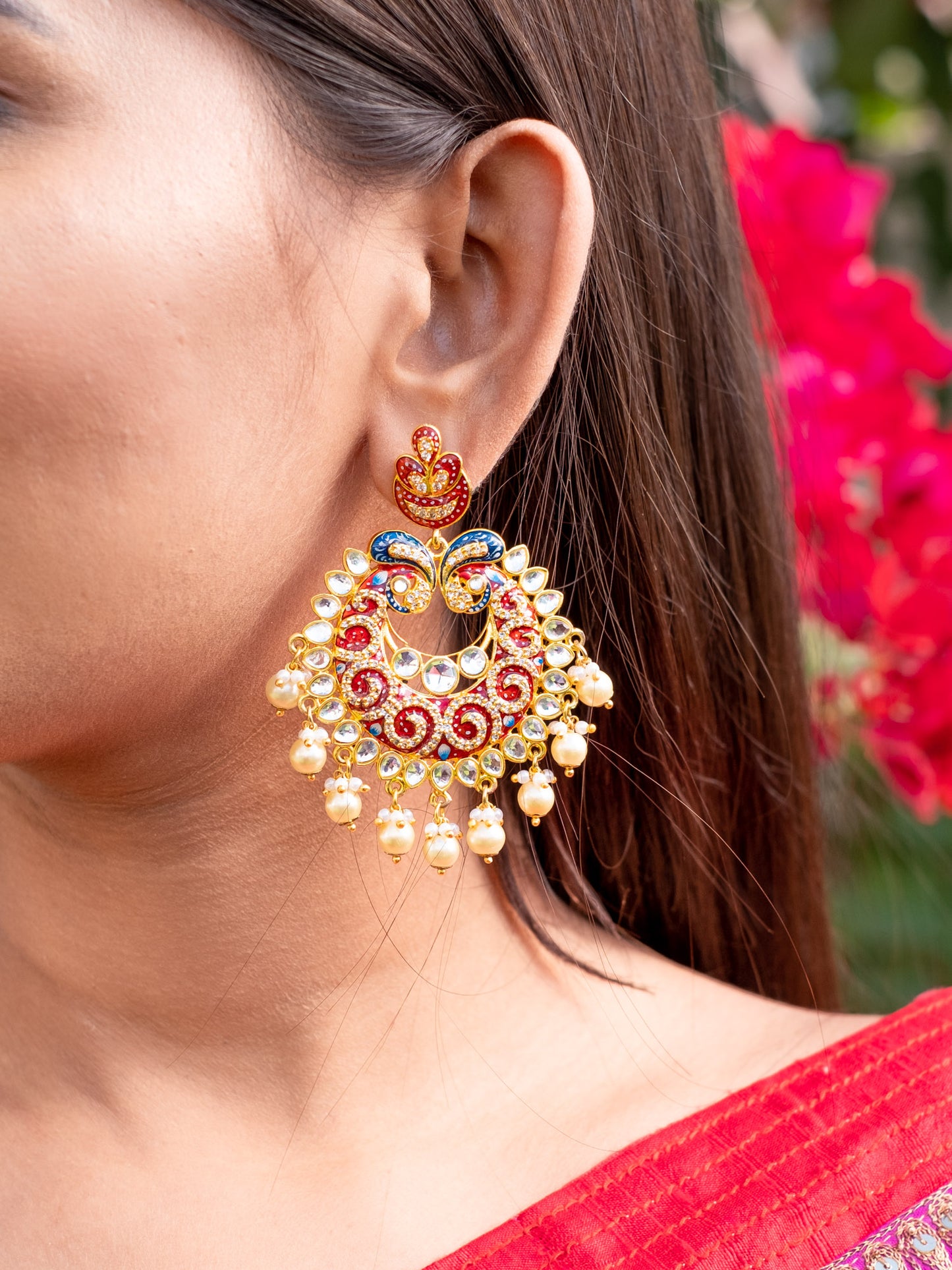 Zircon Studded Pearl Red And Blue  Enamel Chandbali Earring - NOOR