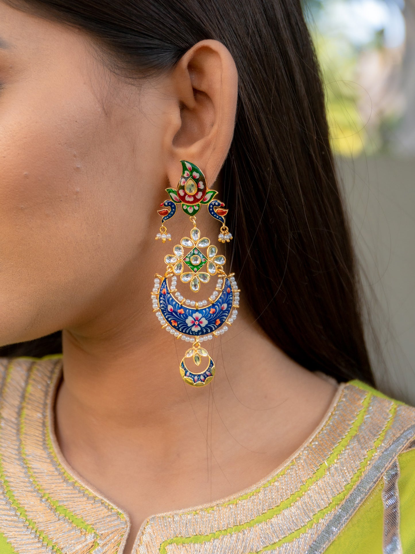 Zircon Studded Pasley Top Pearl Enamel Chandbali Earrings p- NOOR