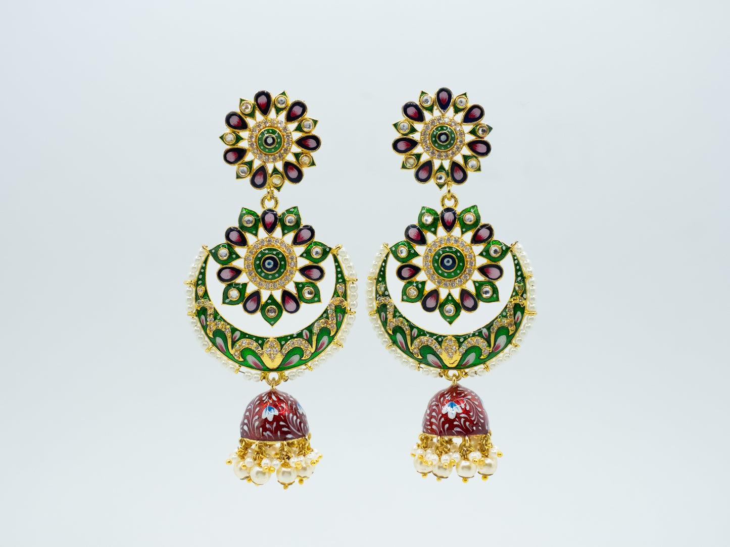 Zircon Studded Pearl Enamel Chandbali Jhumki Earrings -NOOR