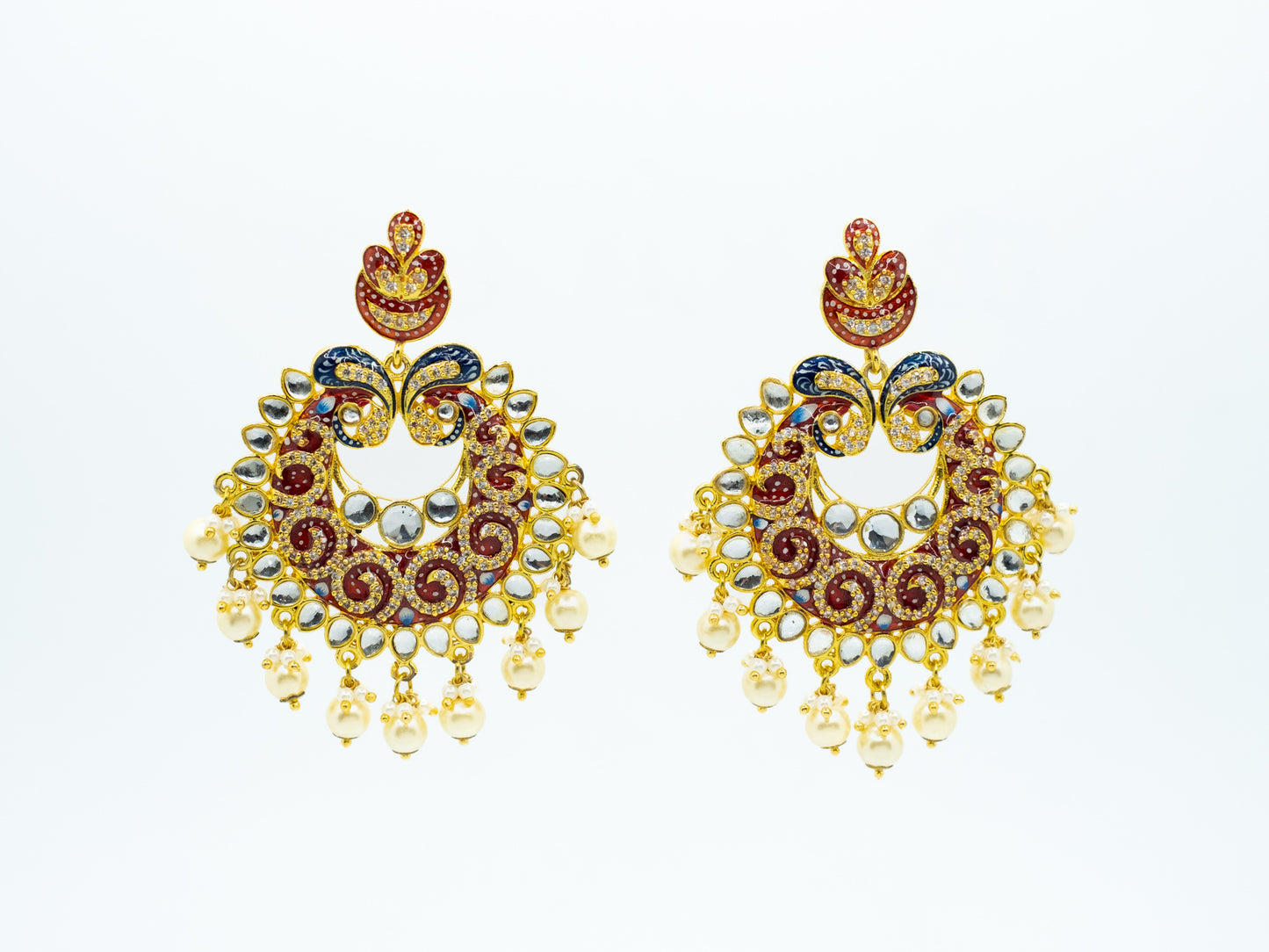 Zircon Studded Pearl Red And Blue  Enamel Chandbali Earring - NOOR