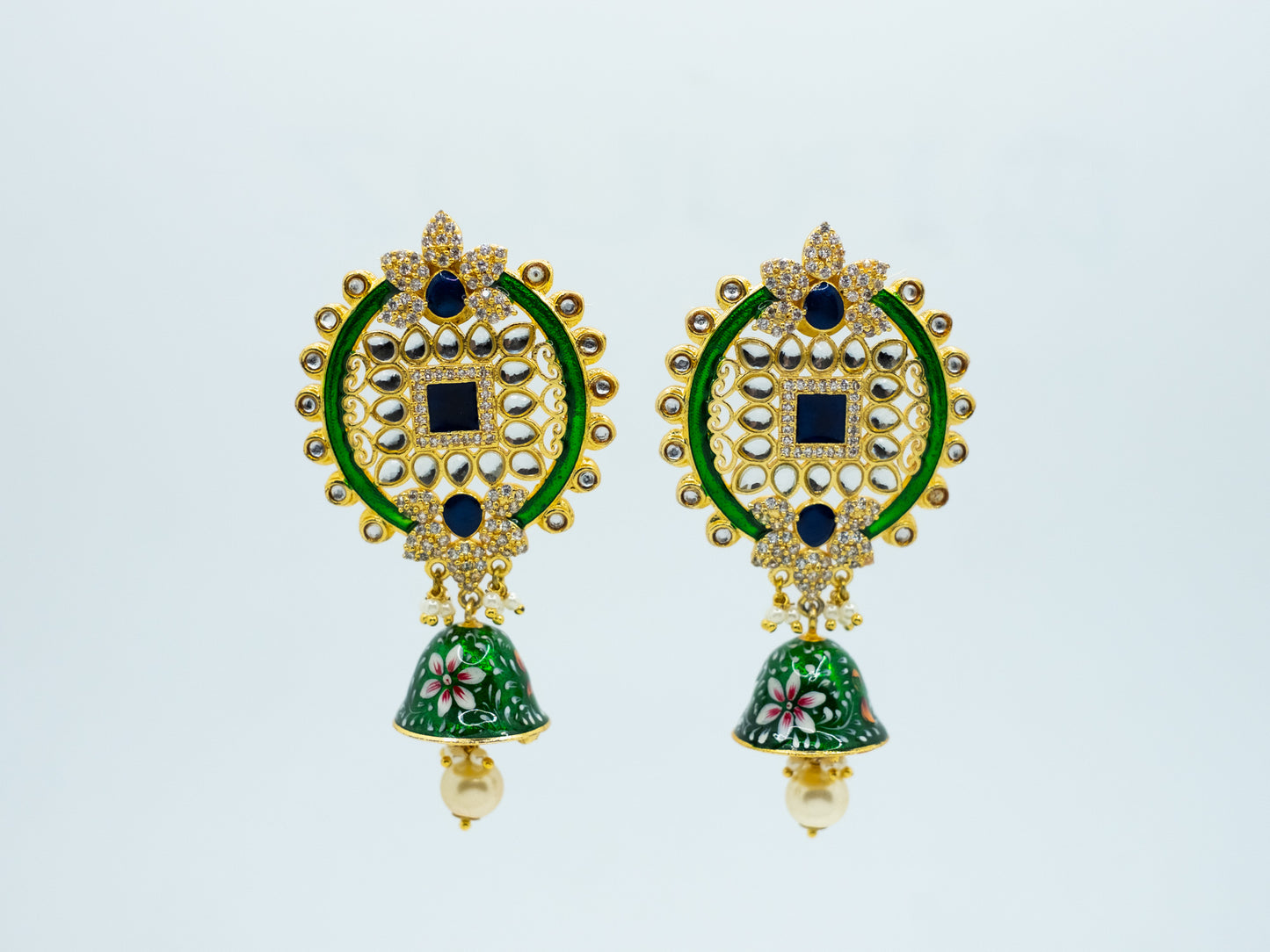 Zircon Studded Pearl Enamel Jhumki Earrings - NOOR