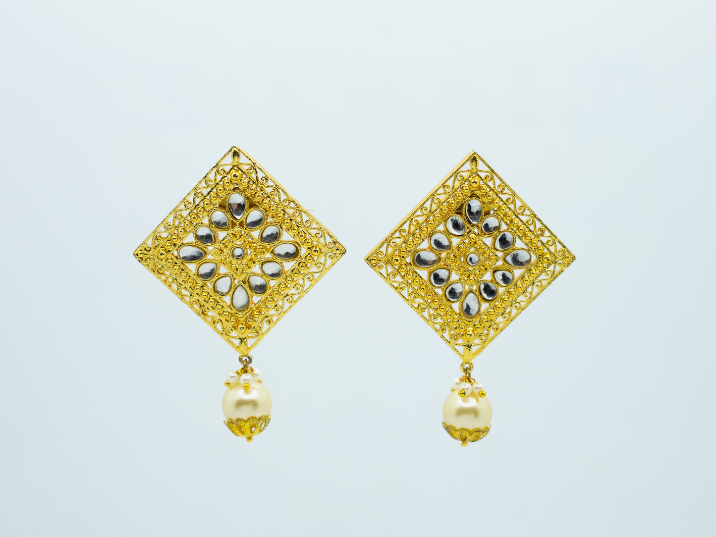 Square Shape  Zircon Studded Pearl  Earrings -NOOR